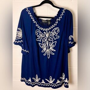 Flying Tomato Royal Blue Blouse with White Embroidery
